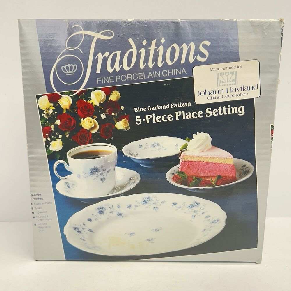 Vintage Johann Haviland Blue Garland Traditions 5 Piece Place Setting In Box